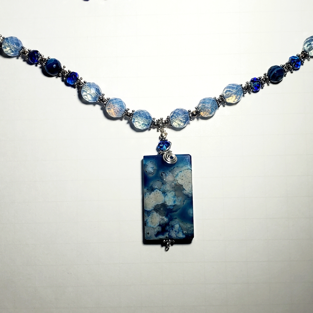 Flower Agate Pendant Necklace with Blue Czech Glass & Blue Banded Agate Beads - Picture 2 of 13